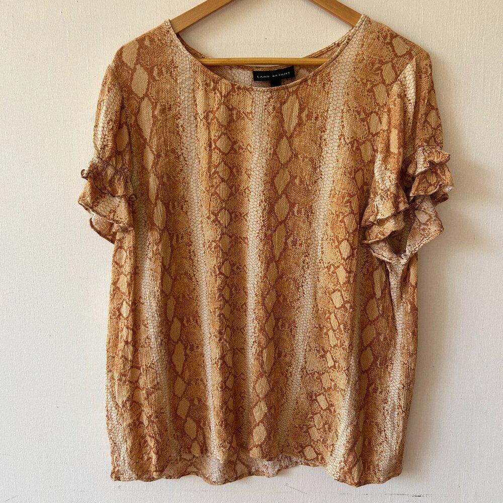 Lane Bryant Snake Skin Print Blouse Womens Size 22 Orange Ruffle Sleeves